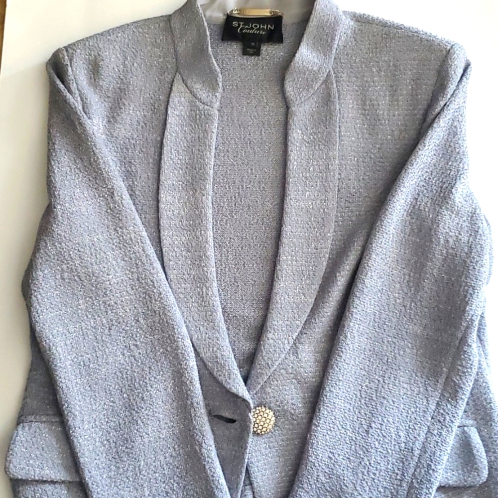 St. John couture black label vintage suit skirt and jacket. Gray w/ silver specs